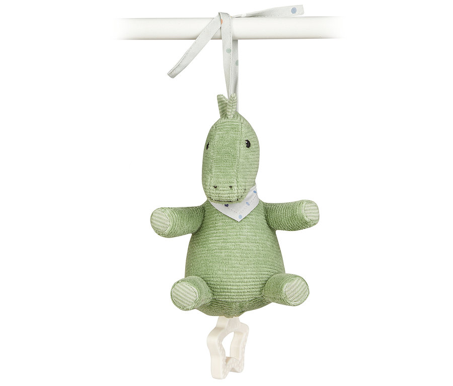 Grünes, geripptes Plüsch-Dinosaurier-Spielzeug mit einem weiß-blau gemusterten Halstuch, das an einer weißen Stange an einem Band hängt, mit einem weißen sternförmigen Zugring unten.