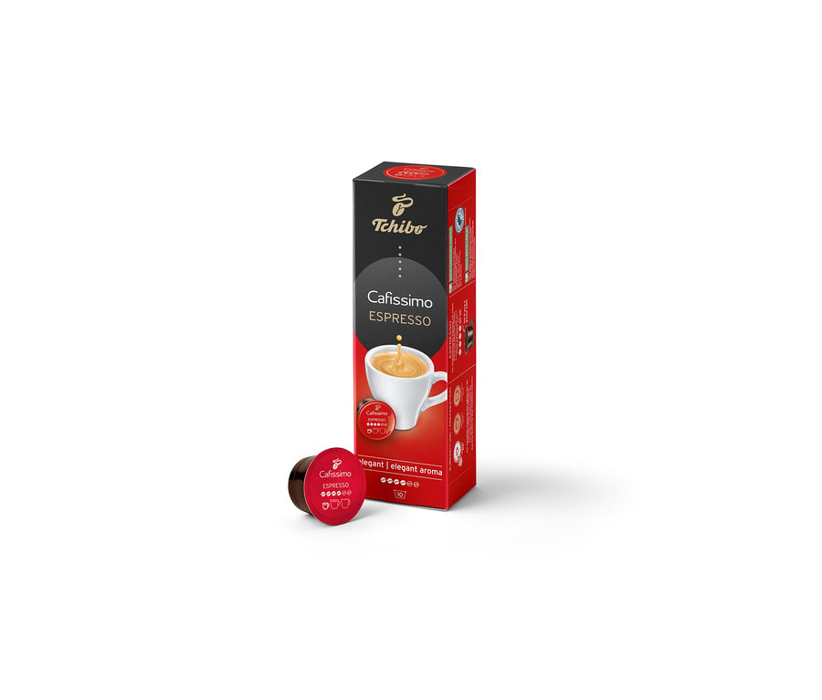Eine Packung Cafissimo Espresso elegant - 10 Kapseln und eine Kapsel. Auf der Packung ist eine Tasse Kaffee abgebildet.