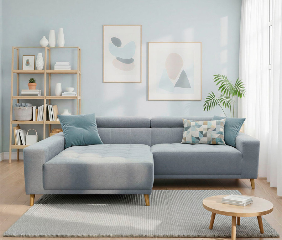 Ein modernes Wohnzimmer mit einem hellblauen L-förmigen Sofa, zwei hellblauen Kissen und einem gemusterten Kissen. Links steht ein Holzregal mit Büchern und weißen Vasen. Über dem Sofa hängen zwei abstrakte Kunstwerke. Ein kleiner runder Holztisch mit Büchern steht auf einem hellgrauen Teppich. Rechts neben einem Fenster mit weißen Vorhängen steht eine grüne Pflanze.