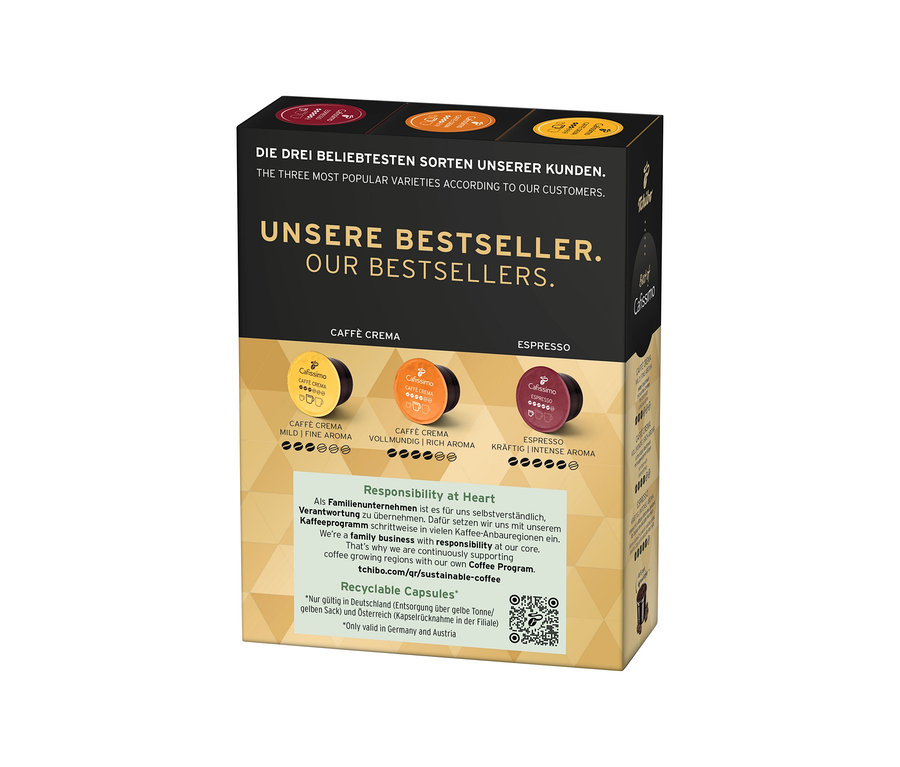 Eine Packung Cafissimo Best of Cafissimo 30 Kapseln mit drei Sorten: Caffè Crema Mild Fine Aroma, Caffè Crema Vollmundig Rich Aroma und Espresso Kräftig Intense Aroma.