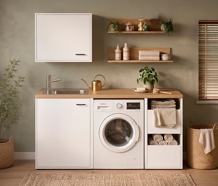 Ein moderner Waschraum mit olivgrünen Wänden zeigt eine weiße Siemens Waschmaschine, die in eine Holzarbeitsplatte mit Spüle integriert ist. Weiße Schränke befinden sich über und neben der Waschmaschine und enthalten gefaltete Handtücher. Holzregale präsentieren Pflanzen, Flaschen und Gläser. Ein geflochtener Wäschekorb steht auf einem Teppich neben einem Fenster mit Jalousien.