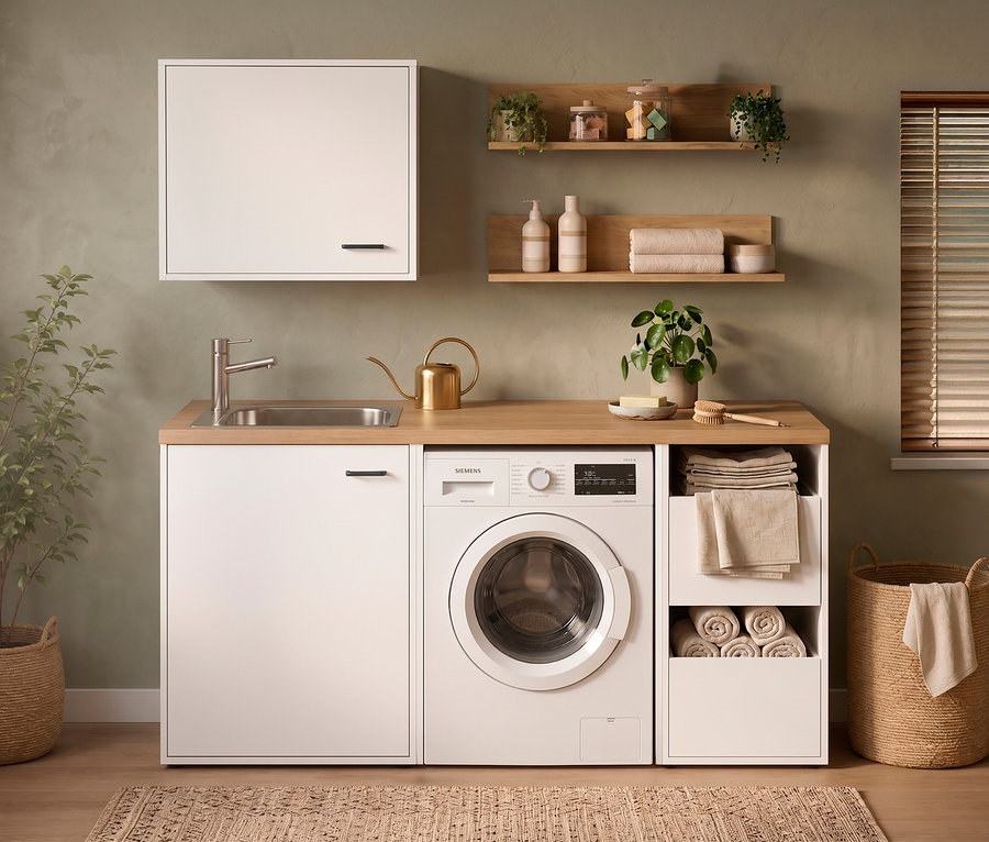 Ein moderner Waschraum mit olivgrünen Wänden zeigt eine weiße Siemens Waschmaschine, die in eine Holzarbeitsplatte mit Spüle integriert ist. Weiße Schränke befinden sich über und neben der Waschmaschine und enthalten gefaltete Handtücher. Holzregale präsentieren Pflanzen, Flaschen und Gläser. Ein geflochtener Wäschekorb steht auf einem Teppich neben einem Fenster mit Jalousien.