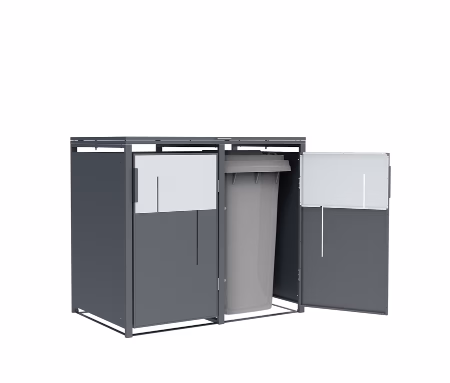 Ein grauer Mülltonnencontainer mit zwei Türen, eine geschlossen und eine offen, mit einer grauen Mülltonne darin.