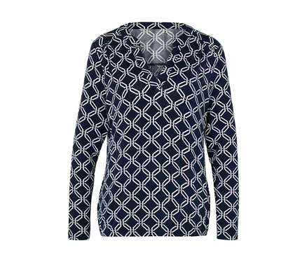 Langärmlige Damenbluse, dunkelblau mit weißem geometrischem Muster.