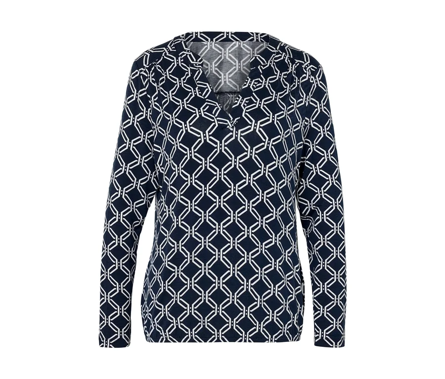 Langärmlige Damenbluse, dunkelblau mit weißem geometrischem Muster.