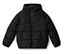 Schwarze Steppjacke mit Kapuze und Reißverschluss.