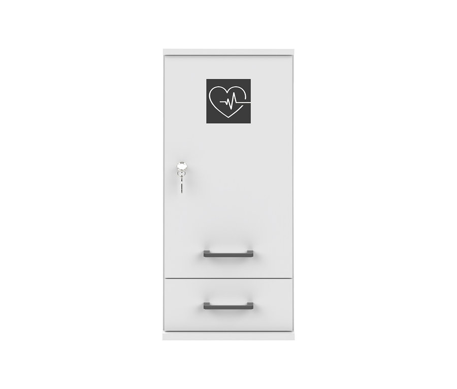 Mattweißer Medizinschrank »Galeno« mit einer Tür, zwei Schubladen, Schloss mit Schlüssel und Herz-EKG-Symbol.