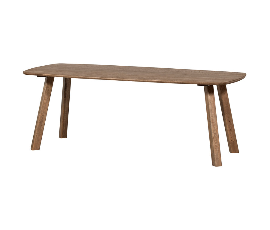 Rechteckiger Holztisch mit abgerundeten Ecken und Kanten. Die Tischplatte und Beine sind aus hellbraunem Holz mit sichtbarer Maserung. Die vier Beine sind nach außen angewinkelt.