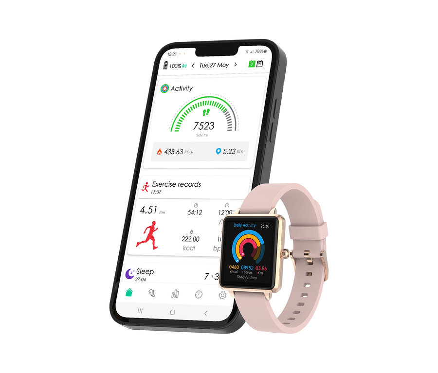 Ein schwarzes Smartphone zeigt eine Fitness-App. Davor liegt eine roségoldfarbene Kienzle Smart Slim Uhr mit hellrosa Armband, die Aktivitätsdaten anzeigt.