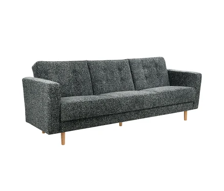 Anthrazitfarbenes 3-Sitzer Schlafsofa Janny mit meliertem Stoffbezug, Knopfheftung an der Rückenlehne und hellen Holzfüßen.