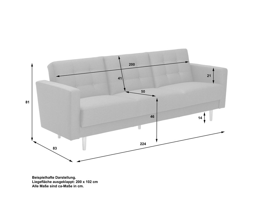 Ein graues 3-Sitzer Schlafsofa Modell Janny mit modernem Design, getufteten Rückenpolstern und konischen Beinen, mit Maßen überlagert.