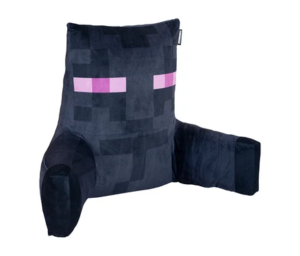 Schwarz-dunkelgraues, pixeliges Rückenstützkissen mit Armlehnen, das dem Minecraft Enderman mit zwei leuchtend pinken Pixelaugen nachempfunden ist.