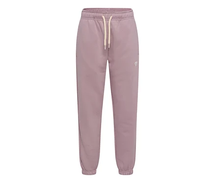 hummel® »HMLJR Loose Sweatpants Bee« in mattem Lila mit elastischem Bund, hellbeigem Kordelzug und Bündchen an den Knöcheln. Kleines Logo am rechten Oberschenkel.