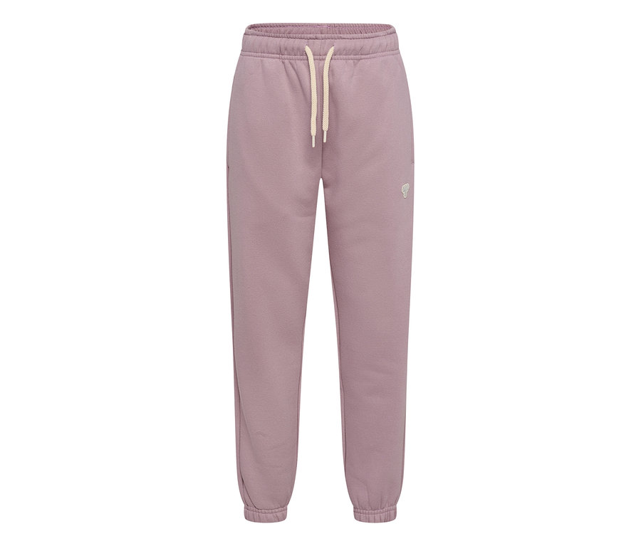 hummel® »HMLJR Loose Sweatpants Bee« in mattem Lila mit elastischem Bund, hellbeigem Kordelzug und Bündchen an den Knöcheln. Kleines Logo am rechten Oberschenkel.
