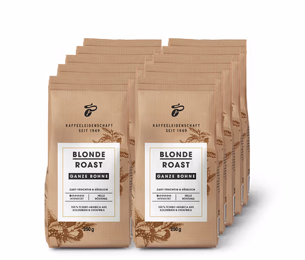 Reihe von Packungen Blonde Roast - 10x 250 g Ganze Bohne.