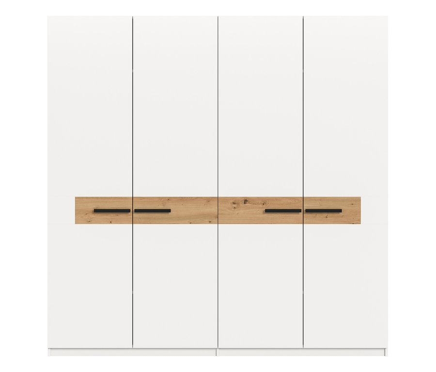 Weißer xonox Kleiderschrank »Skagen« mit vier Türen, einem mittigen Holzpaneel und schwarzen Griffen.