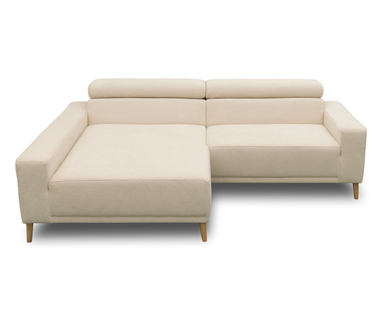DOMO Sofa »Malmö« in Creme mit Longchair links, Kopfteilverstellung und Holzfüßen.