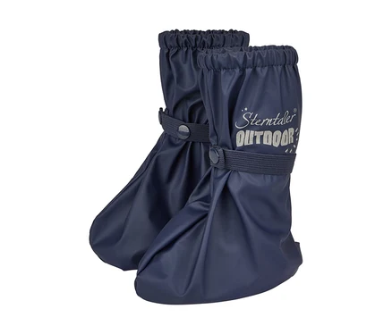Zwei dunkelblaue Sterntaler Outdoor Regenstiefel mit elastischen Bündchen und Druckknopfriemen.