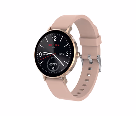 Nahaufnahme der roségoldfarbenen Kienzle Uhr »Active Smart Slim« mit schwarzem Zifferblatt und hellrosafarbenem Armband.