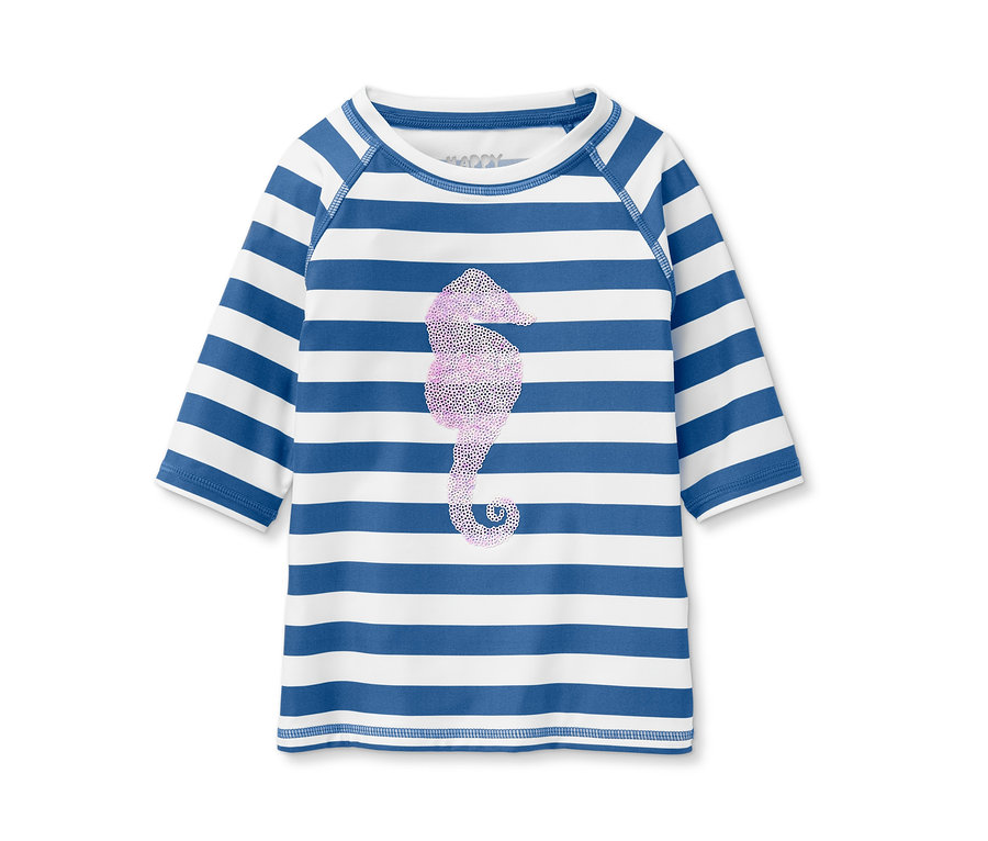 Blau-weiß gestreiftes UV-Schutz-Shirt mit Pailletten-Seepferdchen.