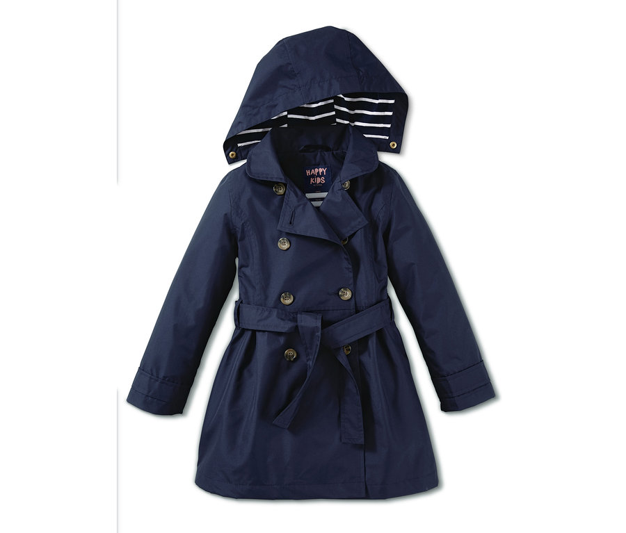 Marineblauer Allwetter-Trenchcoat mit Kapuze und Gürtel.