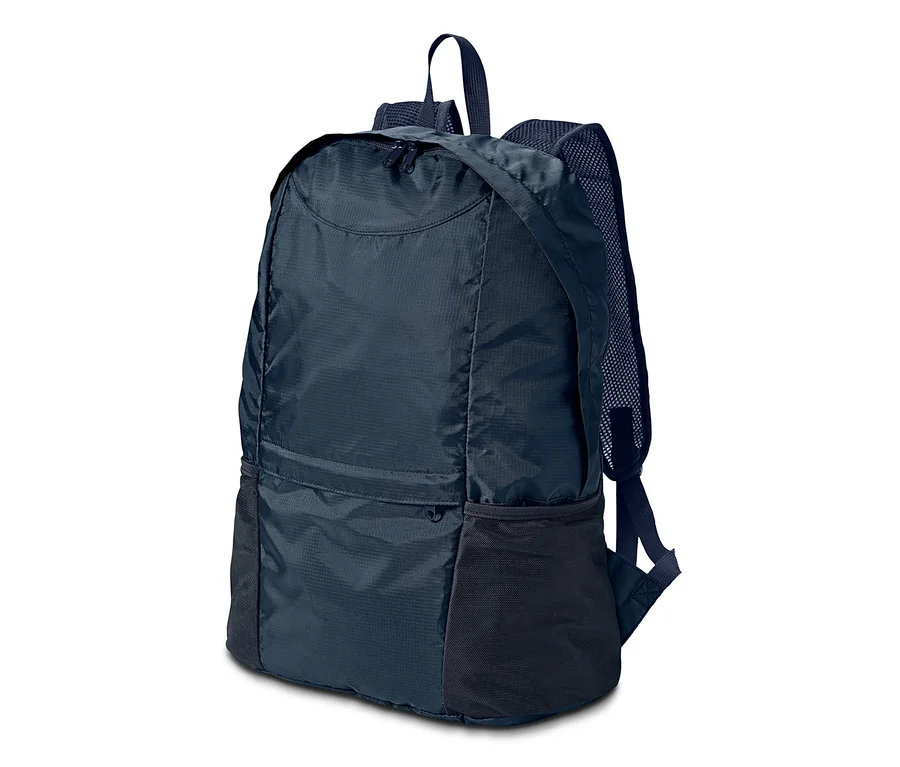 Ein faltbarer Rucksack in Dunkelblau und Schwarz.