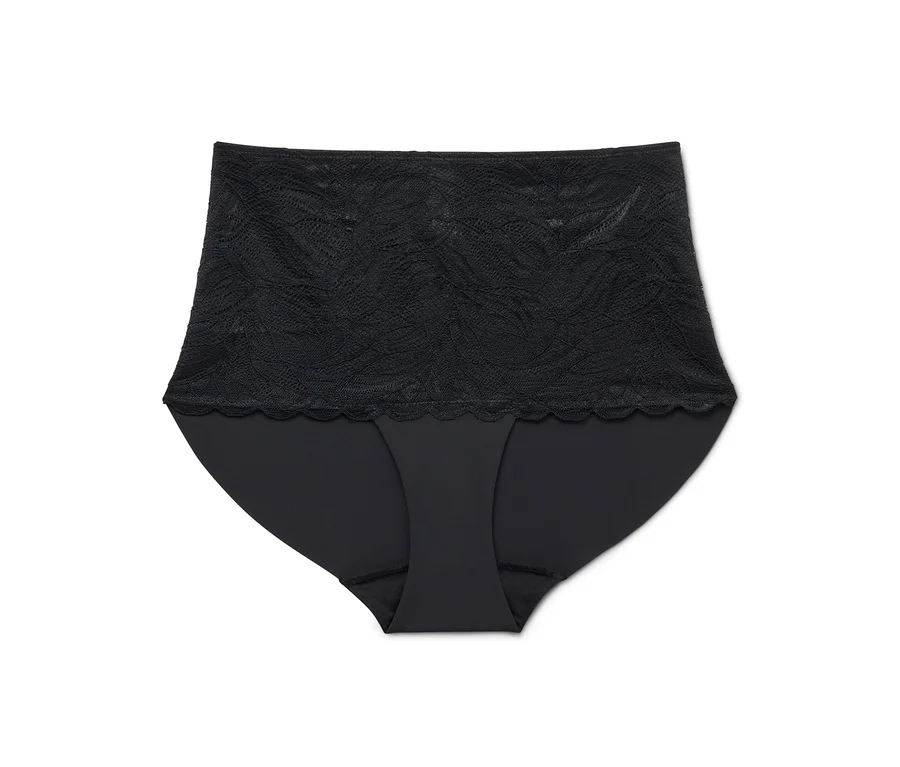 Schwarzer, hochtaillierter Damen-Slip mit Spitze auf weißem Hintergrund.