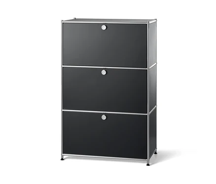 Schwarzes Metallregal mit drei Klappfächern.