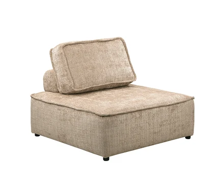 Beiges, modulares Sofaelement mit strukturiertem Stoff, einem großen Rückenkissen und einem kleinen Nackenkissen.