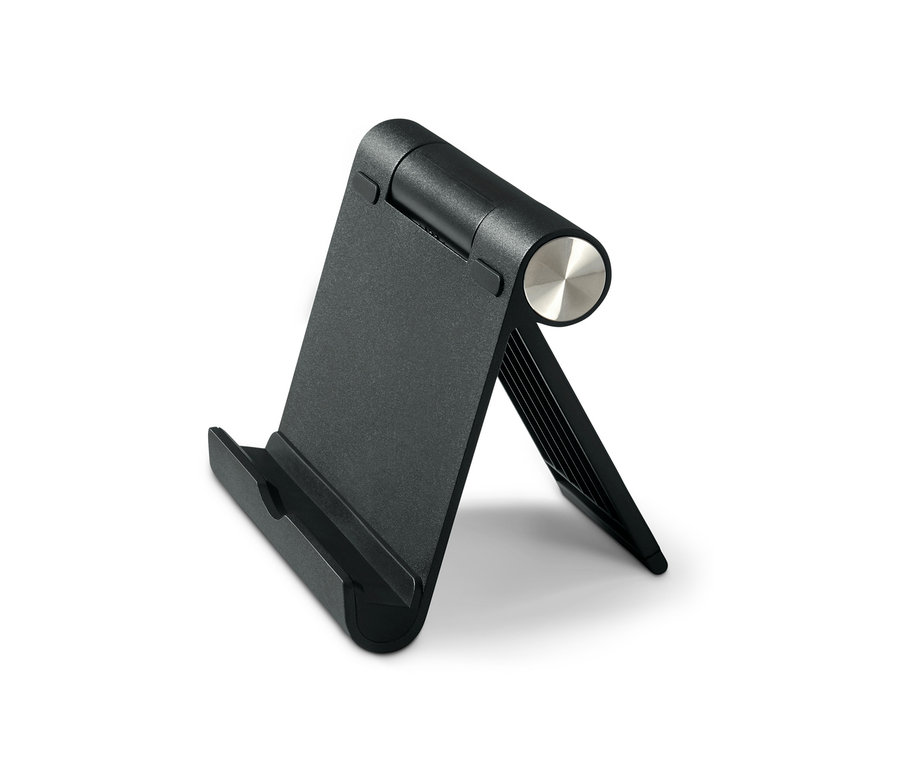 Schwarzer Smartphone- und Tablet-Ständer auf weißem Hintergrund.