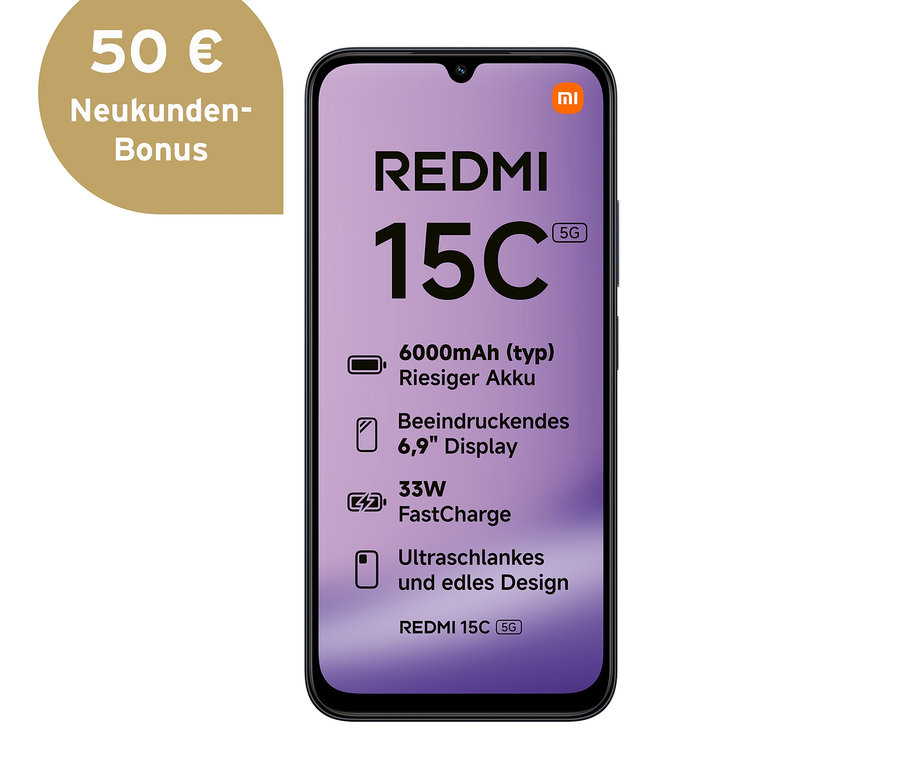 Abbildung eines Xiaomi Redmi 15C 5G 128 GB in Midnight Black. Auf dem Display werden Details wie Akku und Displaygröße angezeigt.