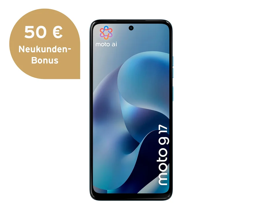 Motorola moto g17 LTE 128GB Alaskan blue Smartphone mit blauem Hintergrund und "moto ai" Logo am Display, daneben ein goldener "50 € Neukunden-Bonus" Badge.