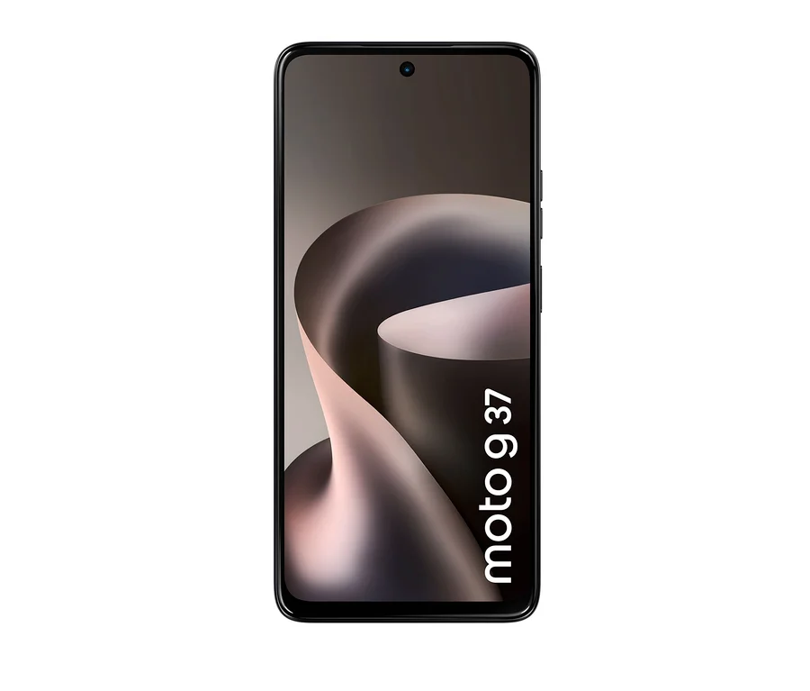 Schwarzes Motorola moto g37 5G 128 GB Smartphone mit einem abstrakten Hintergrundbild und dem Schriftzug "moto g 37" auf dem Display.