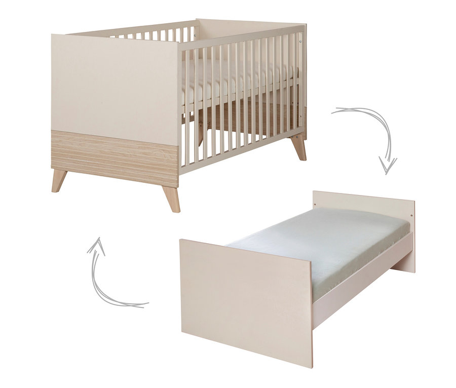 Ein roba Set »Sidney« 2-teilig, Kaschmir, Gitterbett mit Pfeilen, die den Umbau zu einem Kinderbett darstellen.