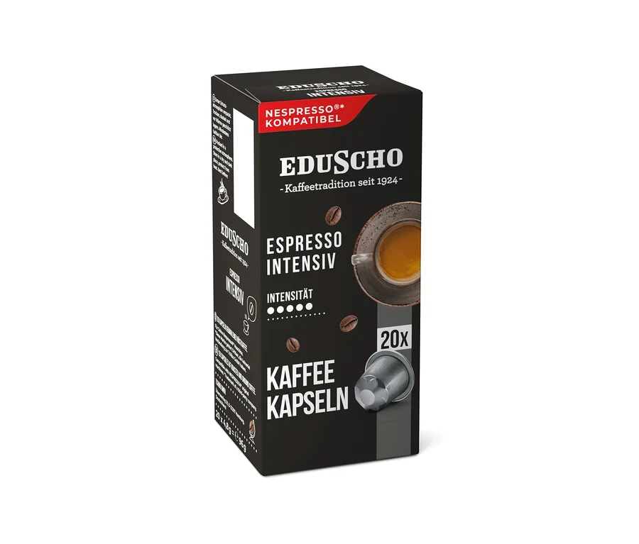 Schwarze Packung Eduscho Espresso Intensiv Kaffeekapseln, Nespresso®* kompatibel, mit 20 Kapseln. Die Vorderseite zeigt eine Tasse Espresso und Kaffeebohnen.