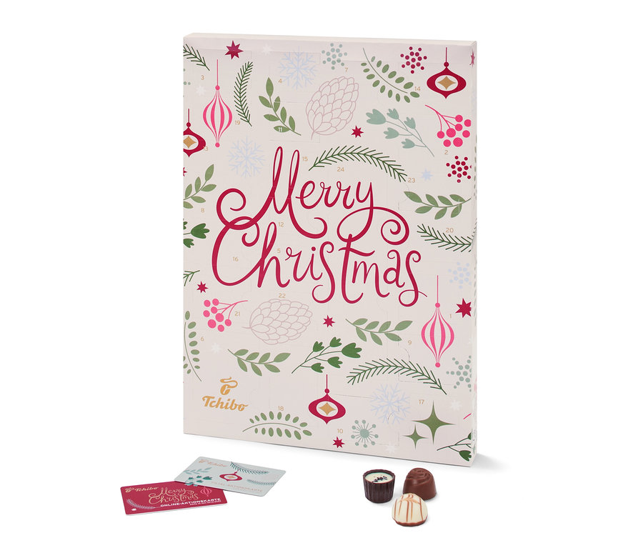 Ein Tchibo-Adventskalender mit weihnachtlichem Design und Schokoladenpralinen.