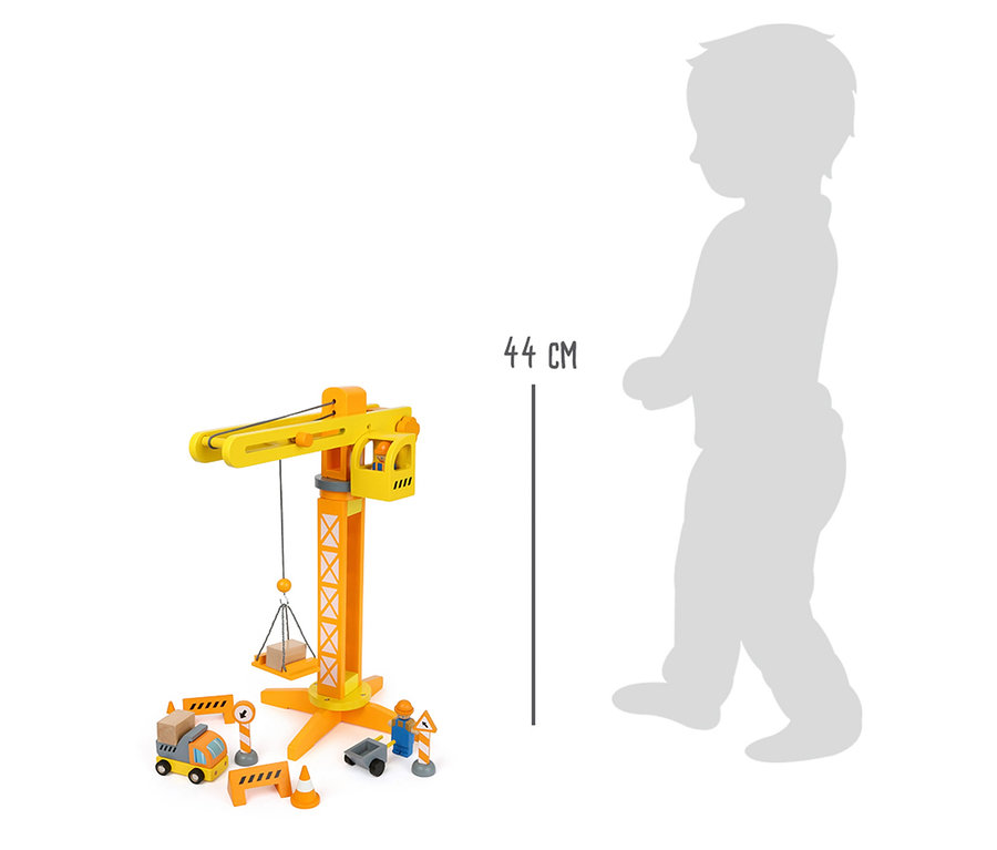 Gelb-orangener small foot Baukran mit Baustellenzubehör und Kindersilhouette.
