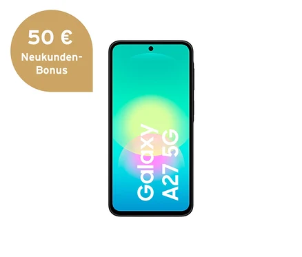 Schwarzes Samsung Galaxy A27 5G Smartphone mit farbigem Bildschirm, der „Galaxy A27 5G“ anzeigt. Links oben ein goldener 50 € Neukunden-Bonus.