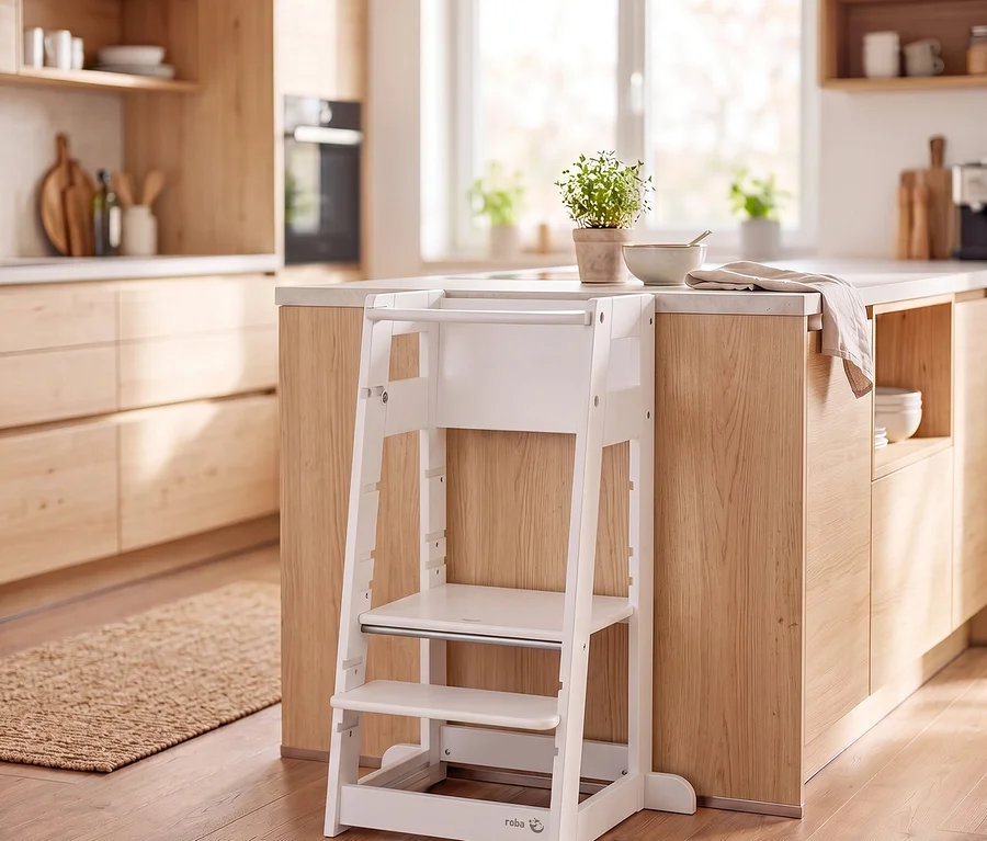 Weißer hölzerner Lernturm steht neben einer hellen Kücheninsel in einer modernen Küche mit hellen Holzschränken und einem Fenster im Hintergrund. Eine kleine Pflanze, eine Schüssel und ein Tuch liegen auf der Insel.