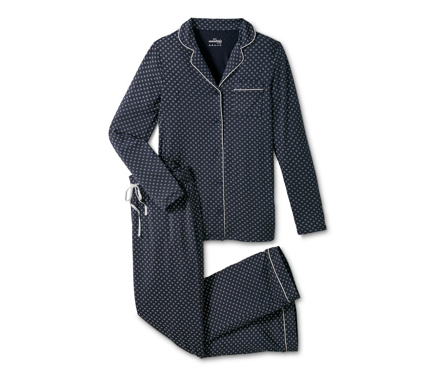 Marineblauer Pyjama mit weißer Paspelierung und dezentem Muster.