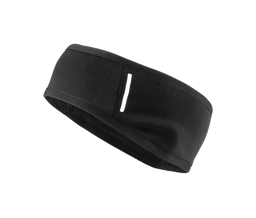 Schwarzes Windprotection-Stirnband mit Reflexstreifen.