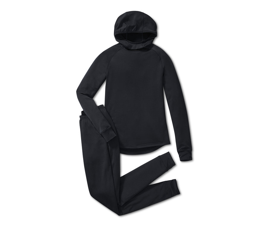 Schwarze Thermo-Funktionsunterwäsche mit Kapuzenoberteil und langen Hosen.