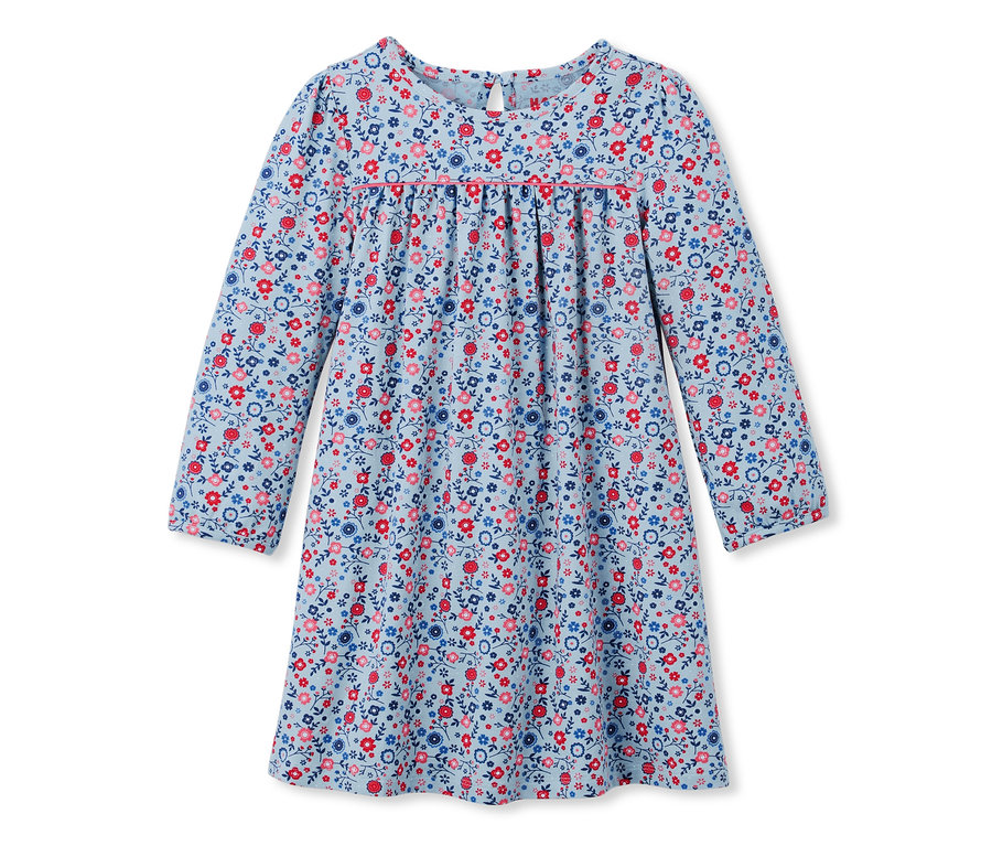 Ein hellblaues Jerseykleid mit langen Ärmeln und einem Blumenmuster.