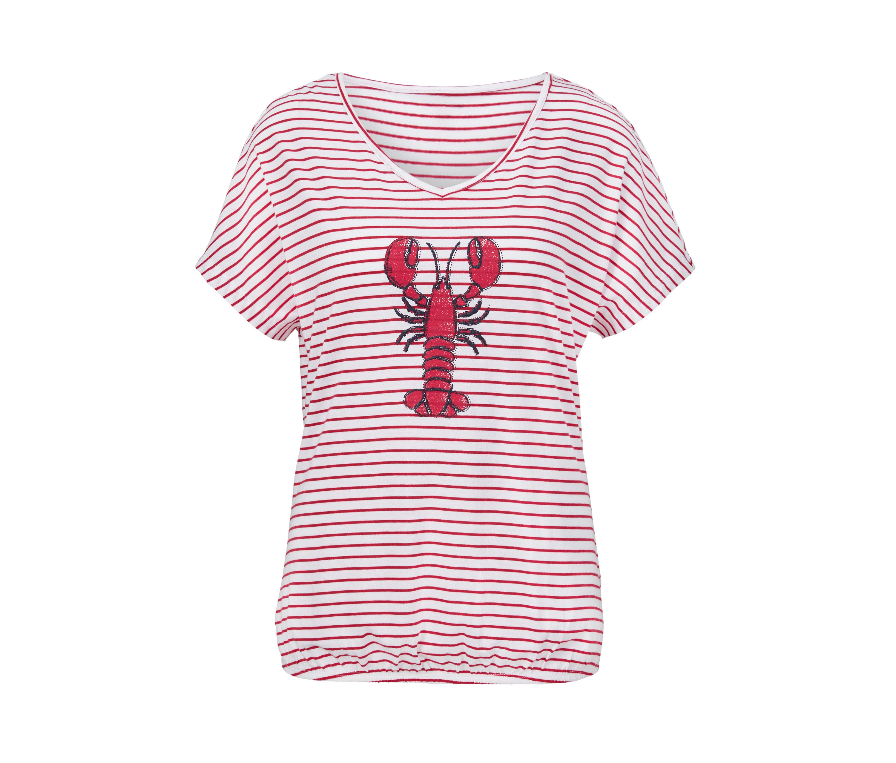 Gestreiftes Blusenshirt mit rotem Hummer in der Mitte.