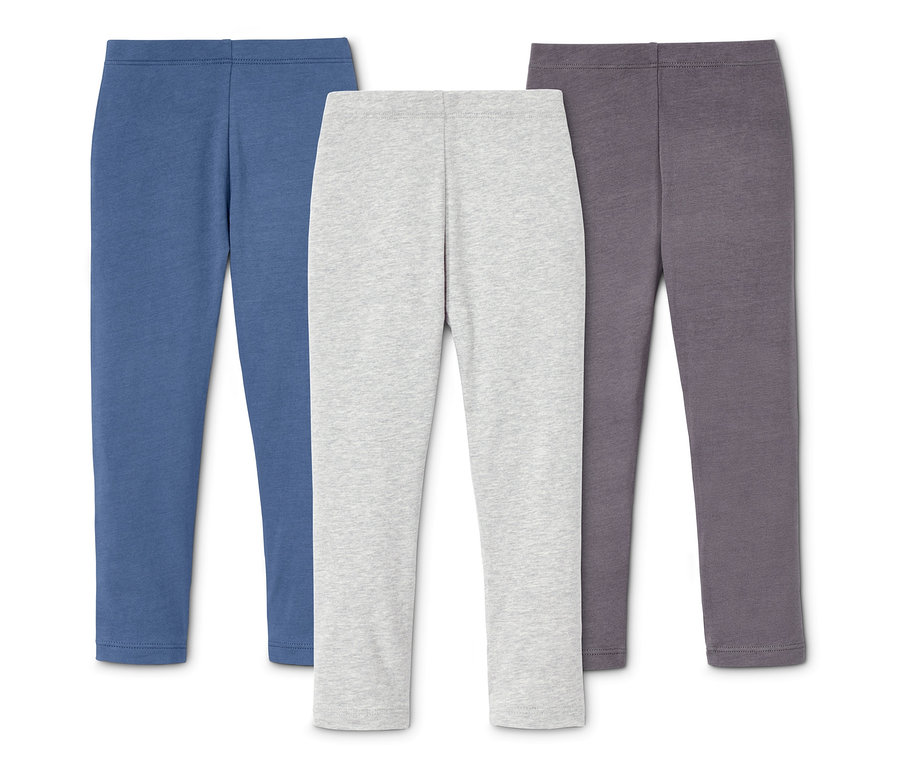 Drei Leggings: blau, grau und lila.