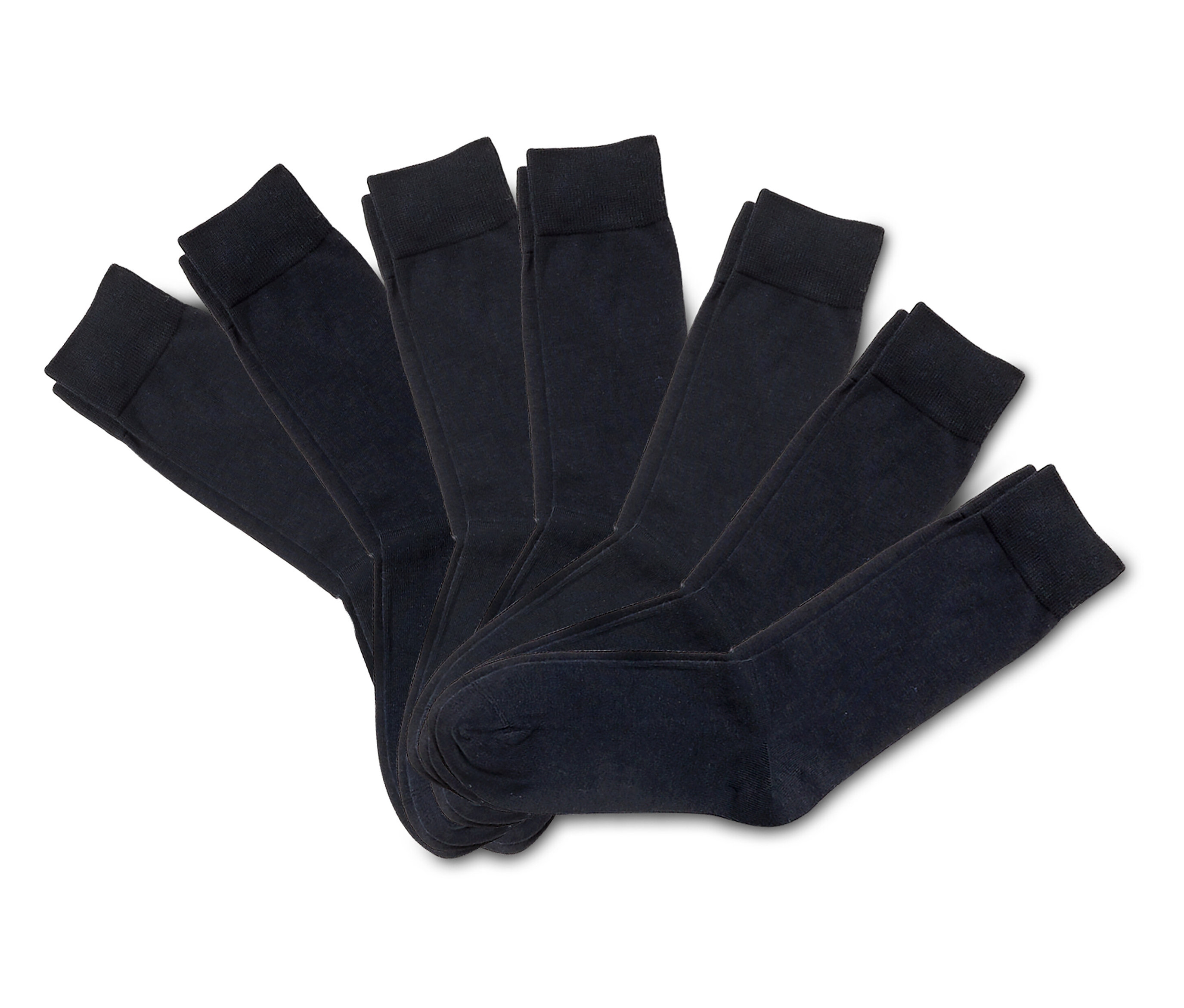 Sieben Paar schwarze Socken.
