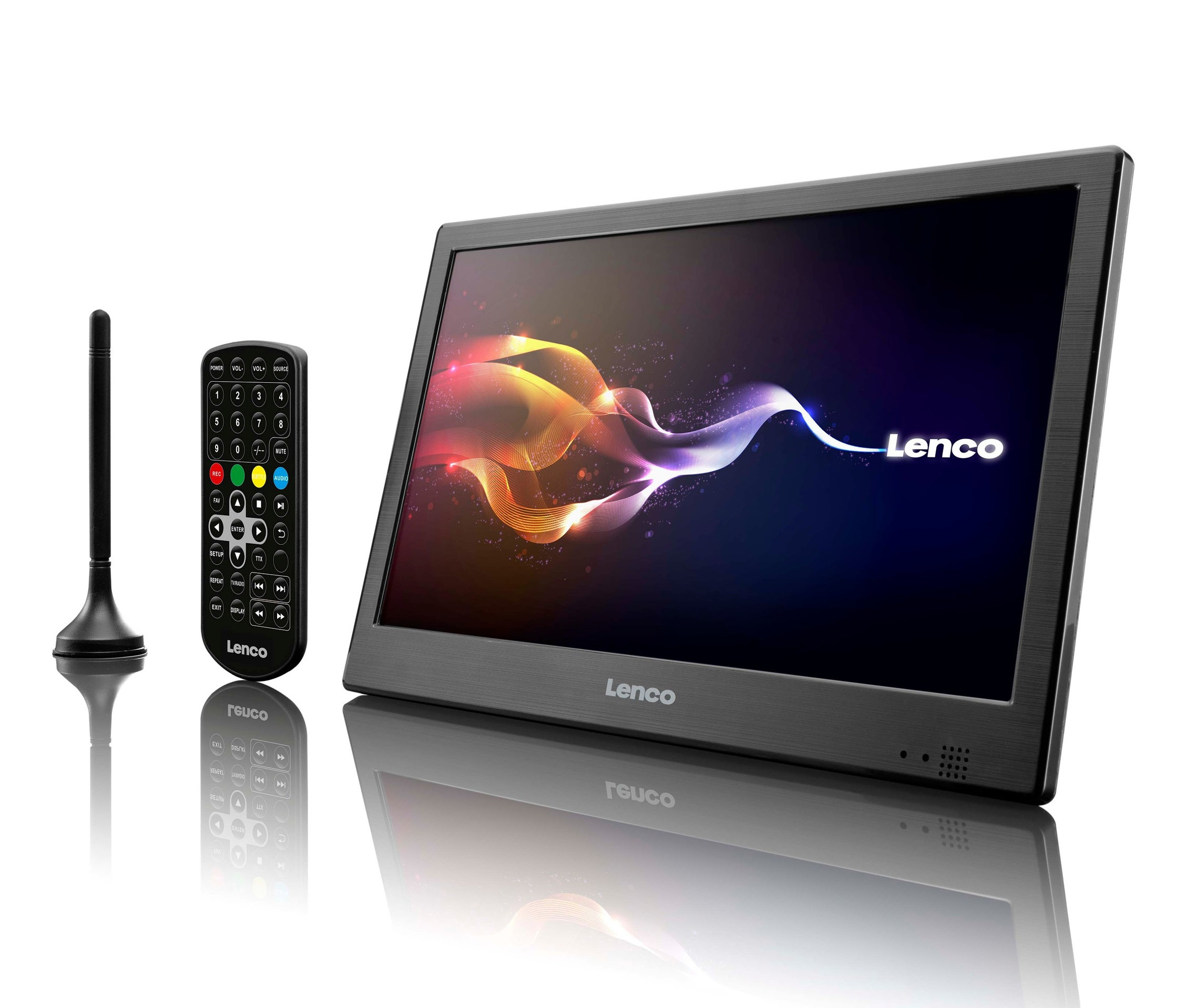 Ein schwarzer Lenco 10-Zoll-tragbarer Fernseher mit DVB-T2, Antenne und Fernbedienung auf einem weißen Hintergrund.