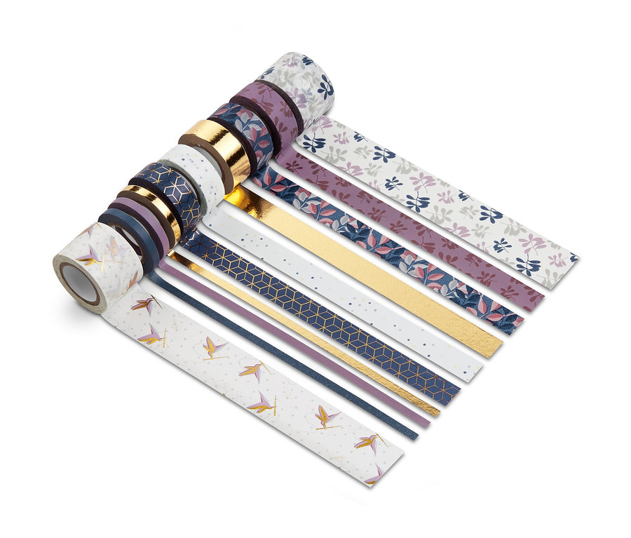 Zehn Deko-Klebebänder in verschiedenen Farben und Mustern.