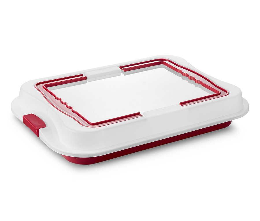 Ein weisses Backblech mit rotem Rand und transparentem Deckel.