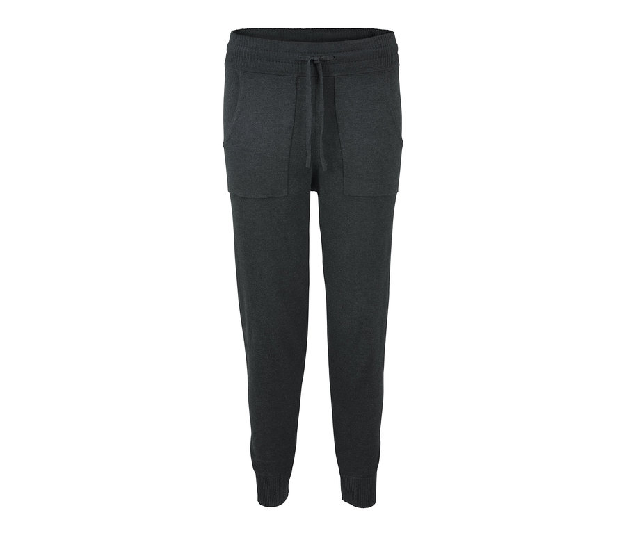 Graue Feinstrickhose mit Taschen und Kordelzug.